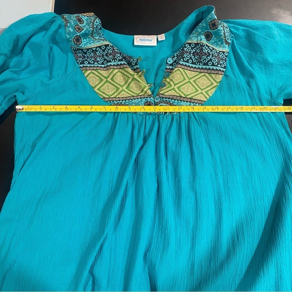 Vintage Dress S Turquoise/Blue 100% Cotton Flowy Boho Midi Short Sleeve S - Picture 11 of 13